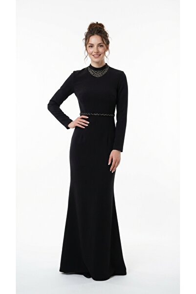 PEARL El İşi Boncuk Detaylı Çıkarılabilir Kemerli Uzun Siyah Abiye Elbise –Za...
