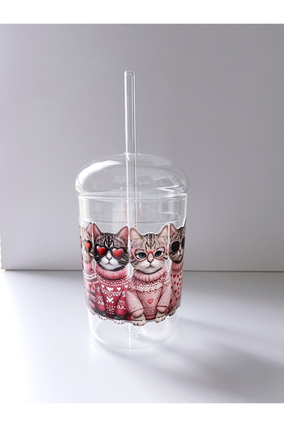 Rolin Design Kedi Baskılı Cam Kapaklı Pipetli Bardak 500Ml-Zoi