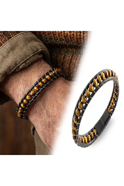 FM 6mm Tiger's Eye Leather Cord and Steel Bracelet 31832B2D6M16