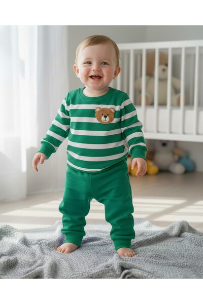 Ege Bebek طقم علوي رقيق مطرز على شكل دمية دب مخططة للأطفال الأولاد M موسمي 1-...