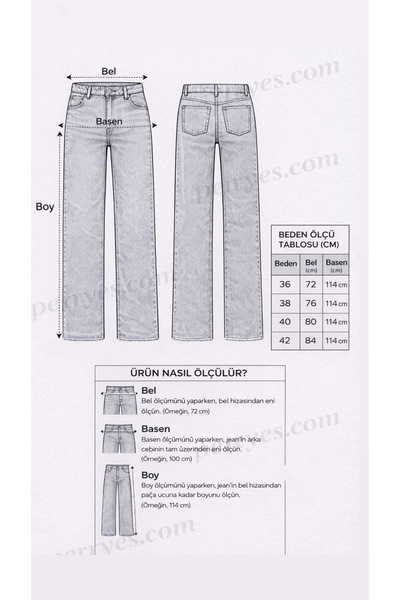 Perryes Kadın Yüksek Bel Vintage Yıkama Bol Paça Wide Leg Jean Pantolon