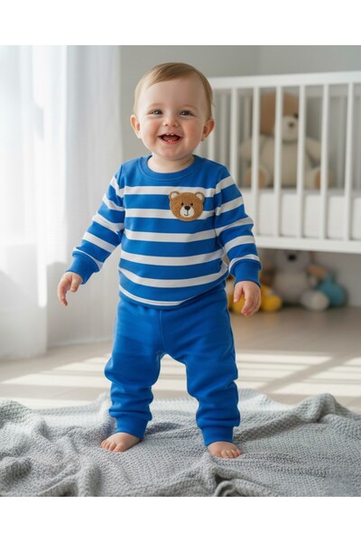 Ege Bebek طقم علوي رقيق مطرز على شكل دمية دب مخططة للأطفال الأولاد M موسمي 1-...