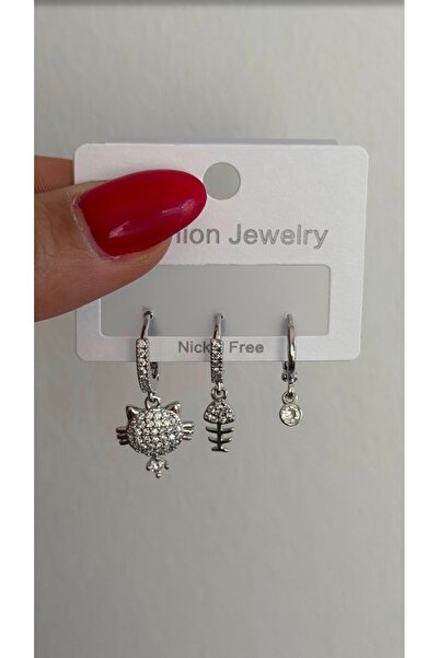 AychaAksesuar Steel zircon stone silver color cat fish object 3-piece set ear...