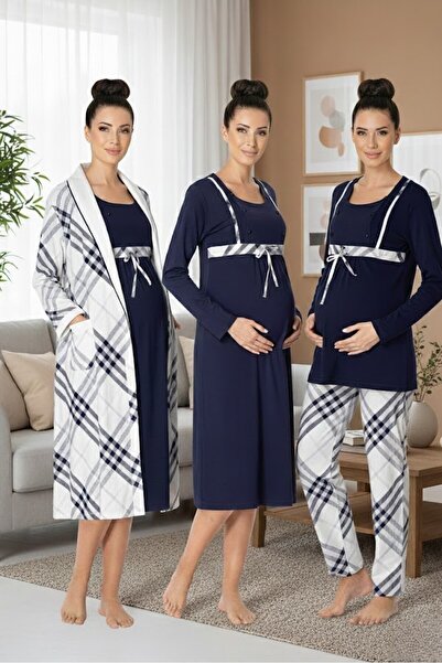 Lohusa Homewear Kadın Lacivert Uzun Kollu Kışlık Pamuklu Ekose Hamile Lohusa ...