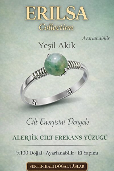 Erilsa خاتم الطاقة للبشرة الحساسة المعتمد - عقيق أخضر قابل للتعديل، علبة رفيع...
