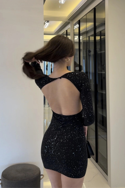 MOZENA Sırt Dekolte Detaylı Büzgülü Mini Elbise