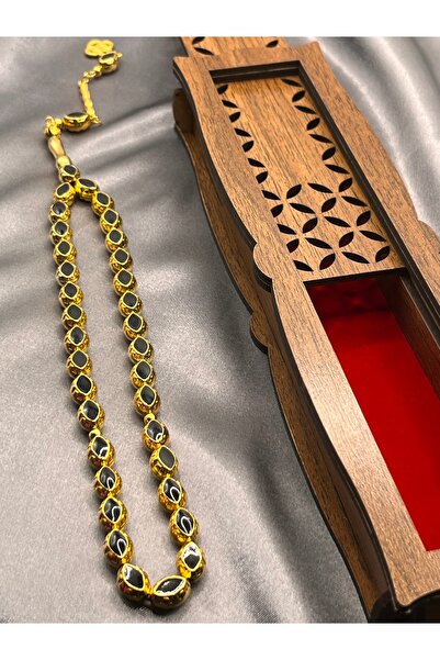 Asdomias Siyah Mine Benzetme Detaylı Metal Tesbih (Ağır),Gold rengi– Ahşap te...