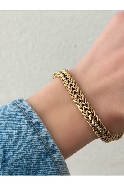 QA Quella Accessories ÇELİK HASIR GÖRÜNÜMLÜ ÇİFT ÖRGÜ 14K GOLD BİLEKLİK 16-4 cm