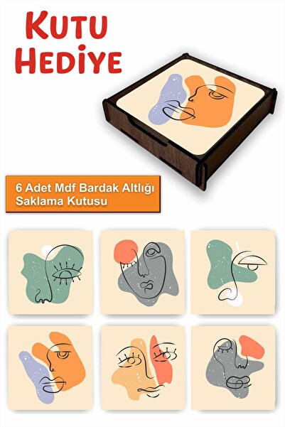 UNT Set of 6 Minimal Line Art Patterned Mdf Coasters – with Wooden Storage Bo...