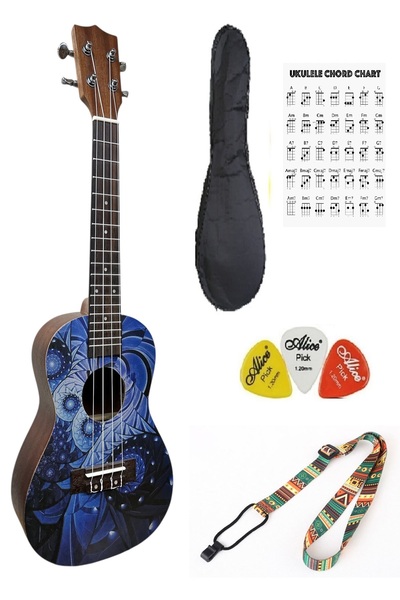 müzikhane Concert Mahogany Ukulele Case Strap Plectrum-Deep Blue