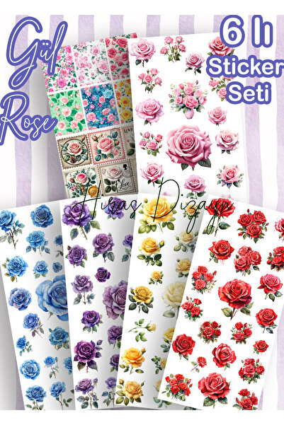 Hiras Dizayn 6-Piece Colorful Roses Red Yellow Pink Sticker Set Decorative La...