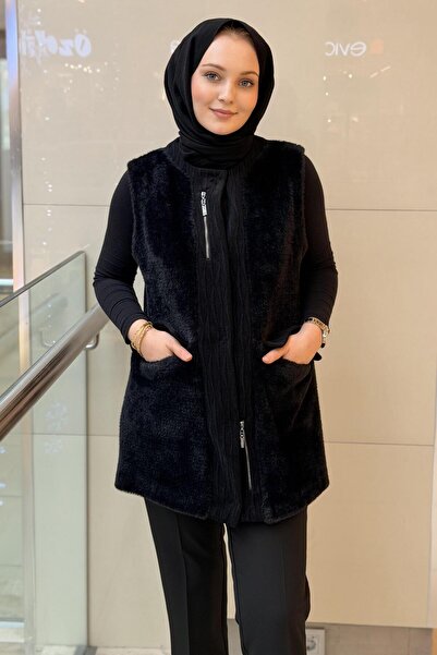 Mahal Crochet Knitwear Fur Combination Zipper Detailed Vest