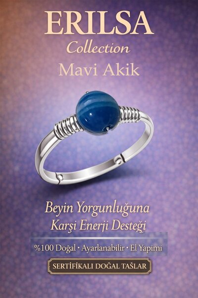 Erilsa Certified Mental Balance Energy Ring – Veined Blue Agate Adjustable Th...