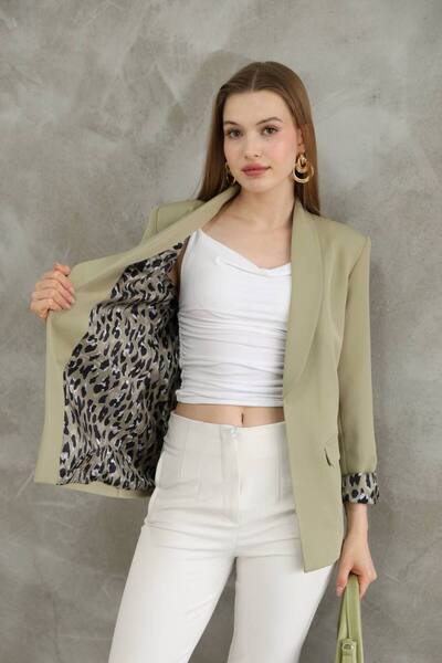 buqre's moda Oversize Double Leopar Astarlı Düğmesiz Cepli Uzun Blazer Ceket