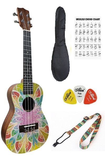 müzikhane Concert Mahogany Ukulele Case Strap Plectrum-Chrysanthemum