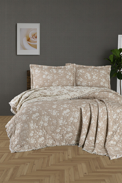 First Choice Sienta %100 Pamuk 6 Katlı Yatak Örtüsü + Yastık Seti Sütlü Kahve