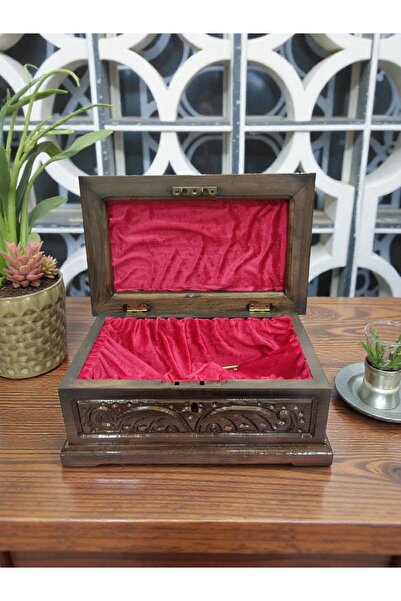 DNC Art&Deco Wooden Hand Carved Red Velvet Covered Decorative Chest - 32X21 c...