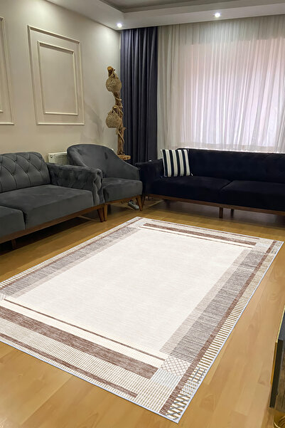 CENTER AVM Krem Kahverengi Halı Salon Halısı Makinede Yıkanabilir Halı Kaymaz...