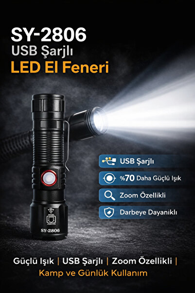 özkurt ticaret USB Şarjlı LED El Feneri – Zoom Özellikli | Güçlü Işık | Kamp ...