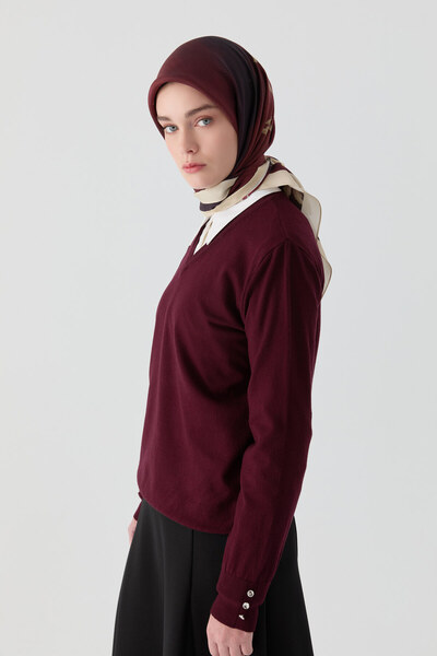 Tuğba V Yaka Kol Düğme Detaylı Kazak - Bordo