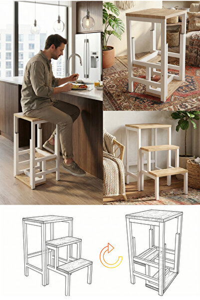 YüceerHome Katlanabillir Puf Bench Metal Ahşap Basamaklı Tabure Merdiven Çiçe...