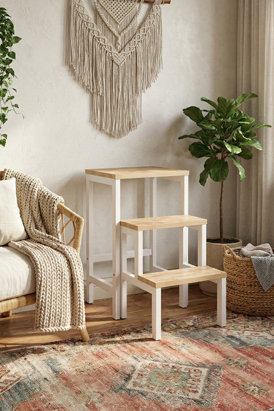 YüceerHome Katlanabillir Puf Bench Metal Ahşap Basamaklı Tabure Merdiven Çiçeklik Çok Amaçlı Puf Bench