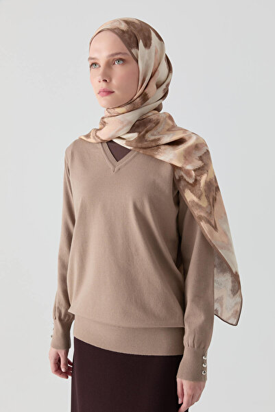 Tuğba V Yaka Kol Düğme Detaylı Kazak - Vizon