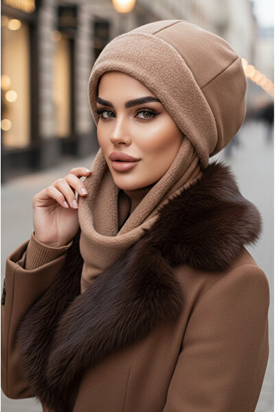 Aişe tesettür Camel Atkılı Tesettür Bere / UZUN ATKILI