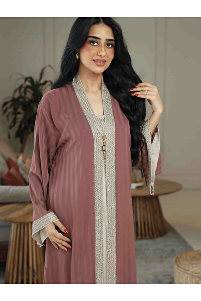 Nice Model Premium Dusty Rose Kimono Abaya Belted Mauve Kaftan with Gold Trim...