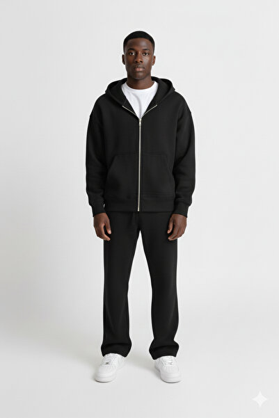 Jack & Noah Men's Black 3 Thread Ş Fleece-Lined Baggy Tracksuit Set Wide Leg ...