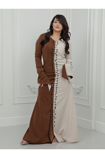 TREN Plus Size Two-Tone Maxi Dress Long Sleeve Brown Beige Embroidered Evenin...