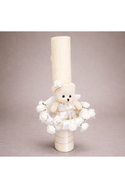 kizu Baptism Candle with Bear and Floral Crown, Handmade
