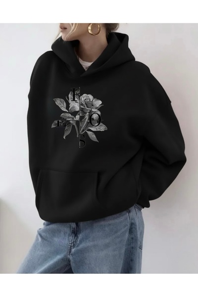 FUFLUNS Rose Flower Printed Oversize Ka Hooded Weatshi̇rt