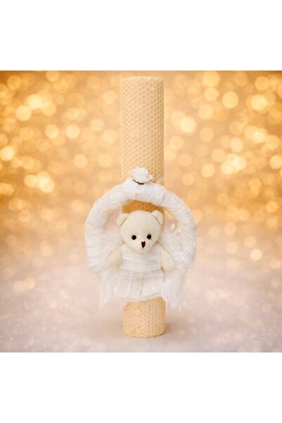 kizu Wax Baptism Candle with Angel Bear and Feathers