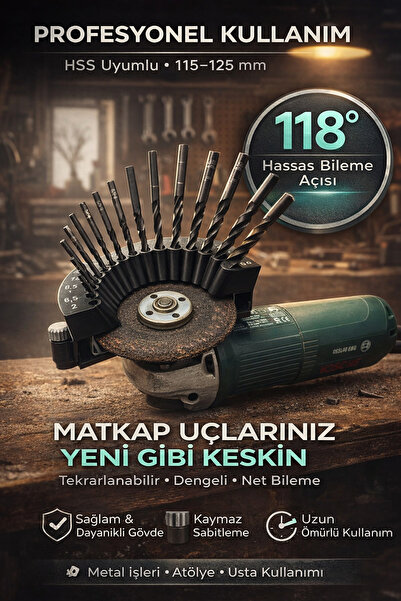 EVORADECO 118° Matkap Ucu Bileme Aparatı | HSS Uyumlu | 115–125 mm Avuç Taşla...