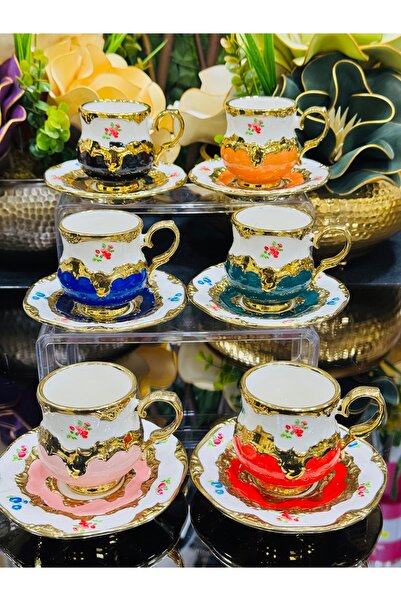 EVRA 6 Kişiilik 12 Parça Renkli Altın Yaldızlı Porselen Kahve Fincan Takım