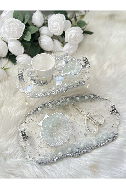 RESİNARTSHOP Epoksi Tepsi Şeffaf & Gümüş & İncili Nişan Seti