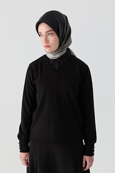 Tuğba V Yaka Kol Düğme Detaylı Kazak - Siyah