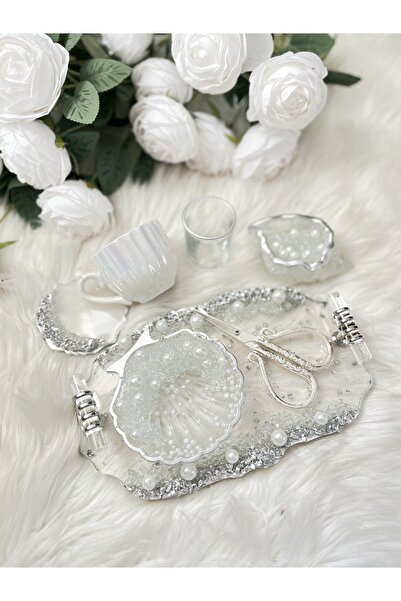 RESİNARTSHOP Epoksi Tepsi Şeffaf & Gümüş & İncili Nişan + Damt Tepsi Seti Küç...