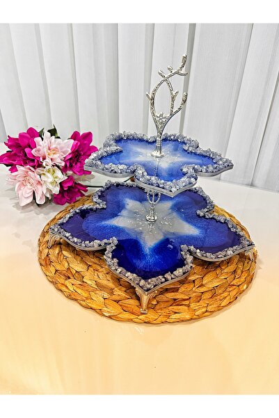 VİVA El Yapımı Epoksi 2 Katlı Sunumluk | Mavi Çiçek Tasarım | Kristal Detaylı...