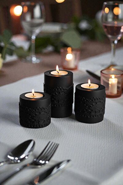 LALEZEN HOME Beton Dantel Model 3lü dekoratif tealight mumluk şık masa üstü