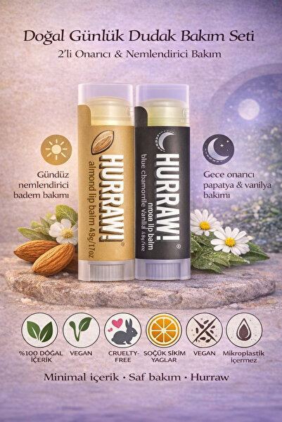 Hurraw Almond ve Moon Dudak Balmı 2’li Set %100 Doğal Vegan Gece ve Günlük Bakım