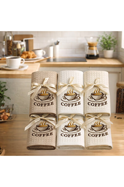 EvimSoft 6'lı Mutfak Havlusu-40X60 CM Nakışlı Kurulama Bezi-Coffee
