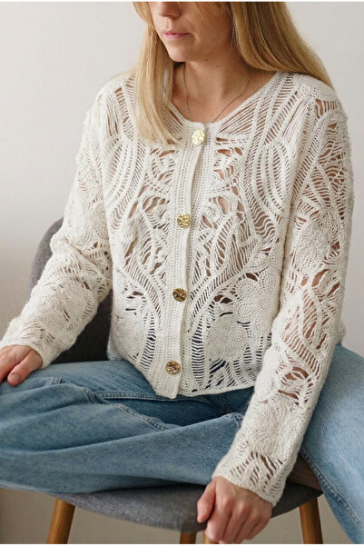 FEMELLE White Crochet Cardigan with Buttons Standard Size