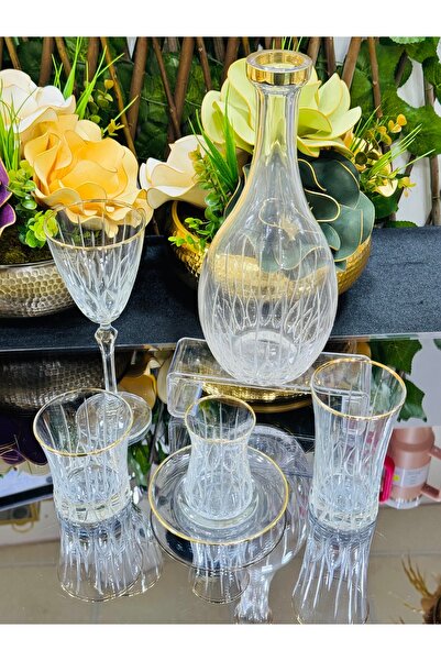 EVRA 61 Parça Cam Sofra Altın Yaldızlı Sunum Çeyiz Seti Su Bardak Takımı Kesm...