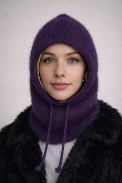 Şirin Giyim Aksesuar Balaklava Mor Angora Yünlü Bere Başlık Boyunluklu - Bağc...