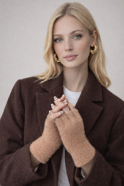 Şirin Giyim Aksesuar Plush Soft Women's Gloves Beige - Cut Half Finger