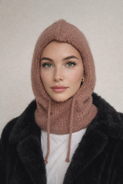 Şirin Giyim Aksesuar Balaklava Angora Light Brown Woolen Beanie Headgear with...