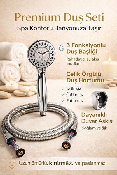 SUVİA Duş Seti Premium 3 Fonksiyonlu – Spa Etkili Duş Başlığı, Çelik Örgülü K...