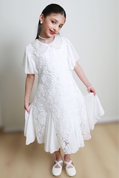 gmax Girls' dress with a classic collar and lace embroidery